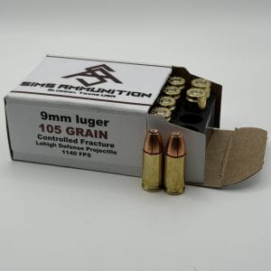 ms Ammunition – High-Quality Ammunition for Rifles and Shotguns" The image depicts a box labeled "9MM LUGER 105 Grain Controlled Fracture 20 Count Box," featuring high-quality ammo. The ammunition includes Lehigh defense projectiles specifically designed for a velocity of 1140 FPS. Two rifle cartridges with copper-colored tips are positioned upright in front of the open box, illustrating the precision and craftsmanship. This showcase also highlights the potential for high-quality bulk ammunition purchases, extending to other types such as shotgun shells, to meet diverse needs in shooting sports and hunting activities. Bulk Ammo Available for Purchase"