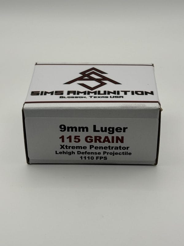 ms Ammunition – High-Quality Ammunition for Rifles and Shotguns" A box containing 20 rounds of Sims Ammunition from Blossom, Texas, USA, labeled as "9MM Luger 115 Grain Xtreme Penetrator." This high-quality ammo features a Lehigh Defense Projectile with a velocity of 1110 FPS. Known for providing reliable rifle cartridges and shotgun shells, Sims Ammunition also offers bulk ammunition options for various firearms. Bulk Ammo Available for Purchase"